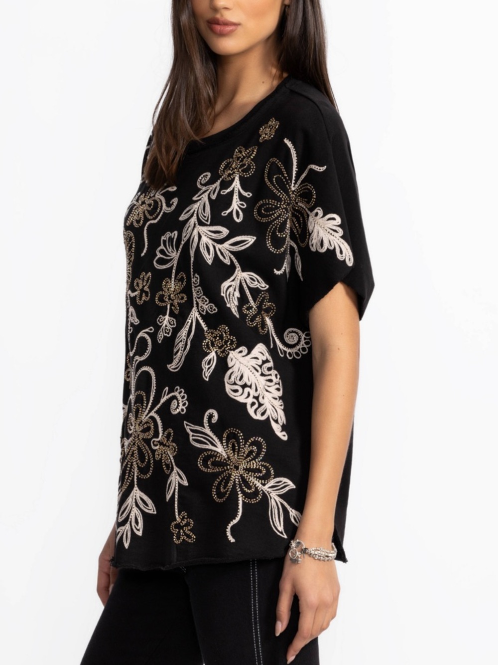 Johnny Was French Terry Poncho Black Floral Embellished Short-Sleeve Tunic